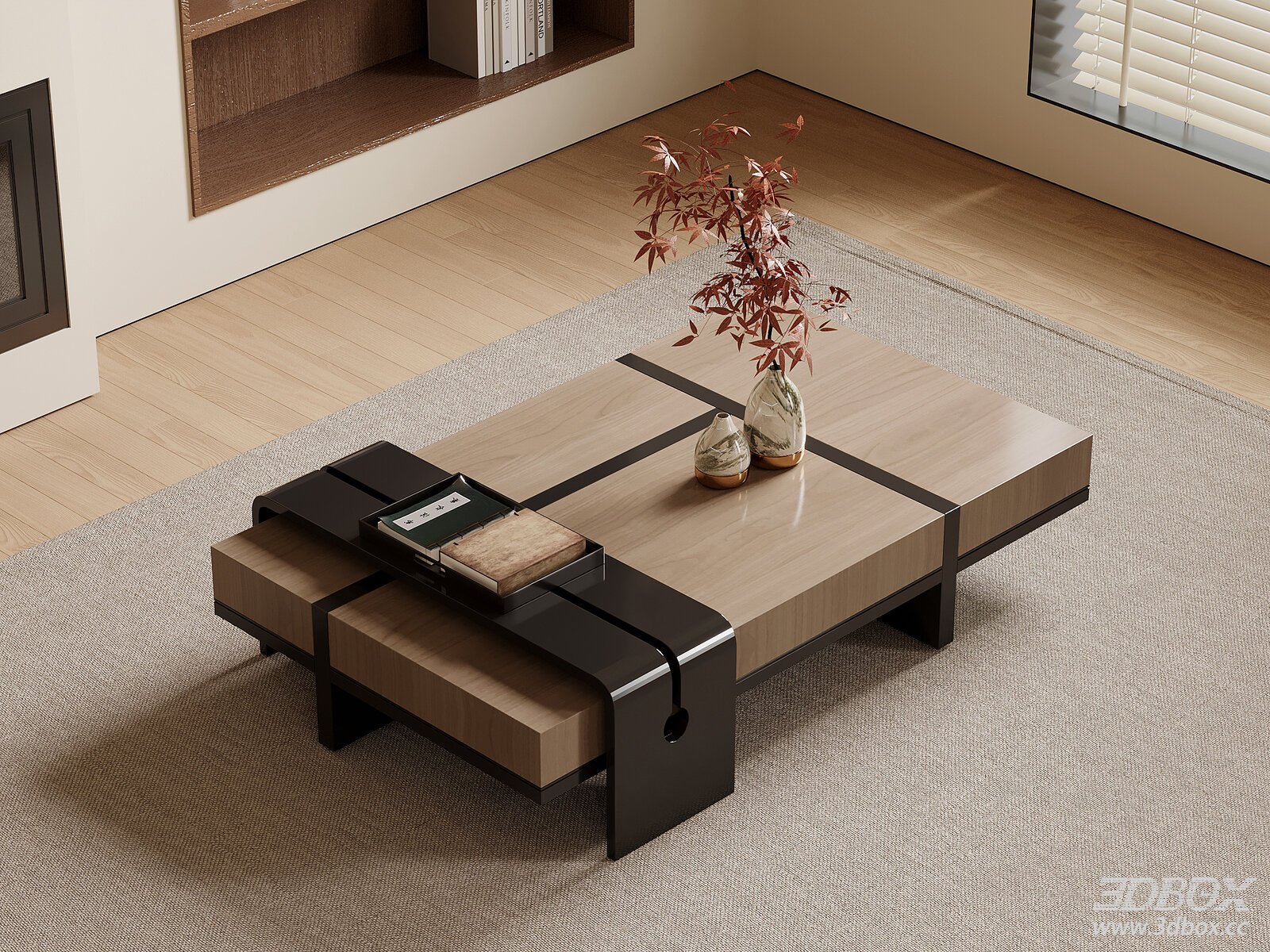 Chinese - style Coffee Table with Decorative Items 3D model - front view