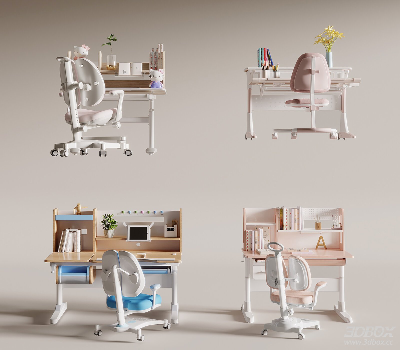Modern Children's Desk and Chair Set 3D model - thumbnail 1