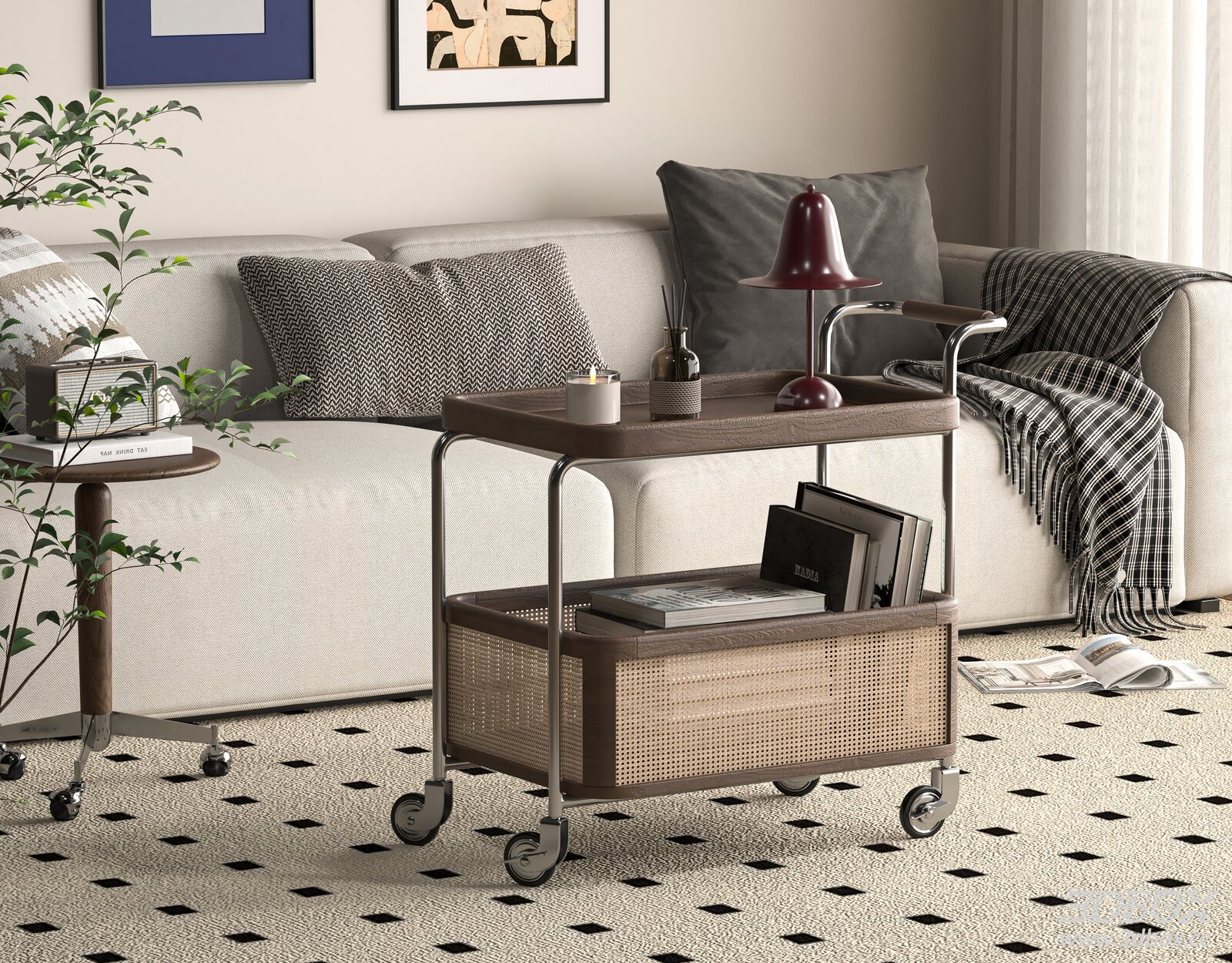 Vintage Movable Side Table for Living Room 3D model - thumbnail 1
