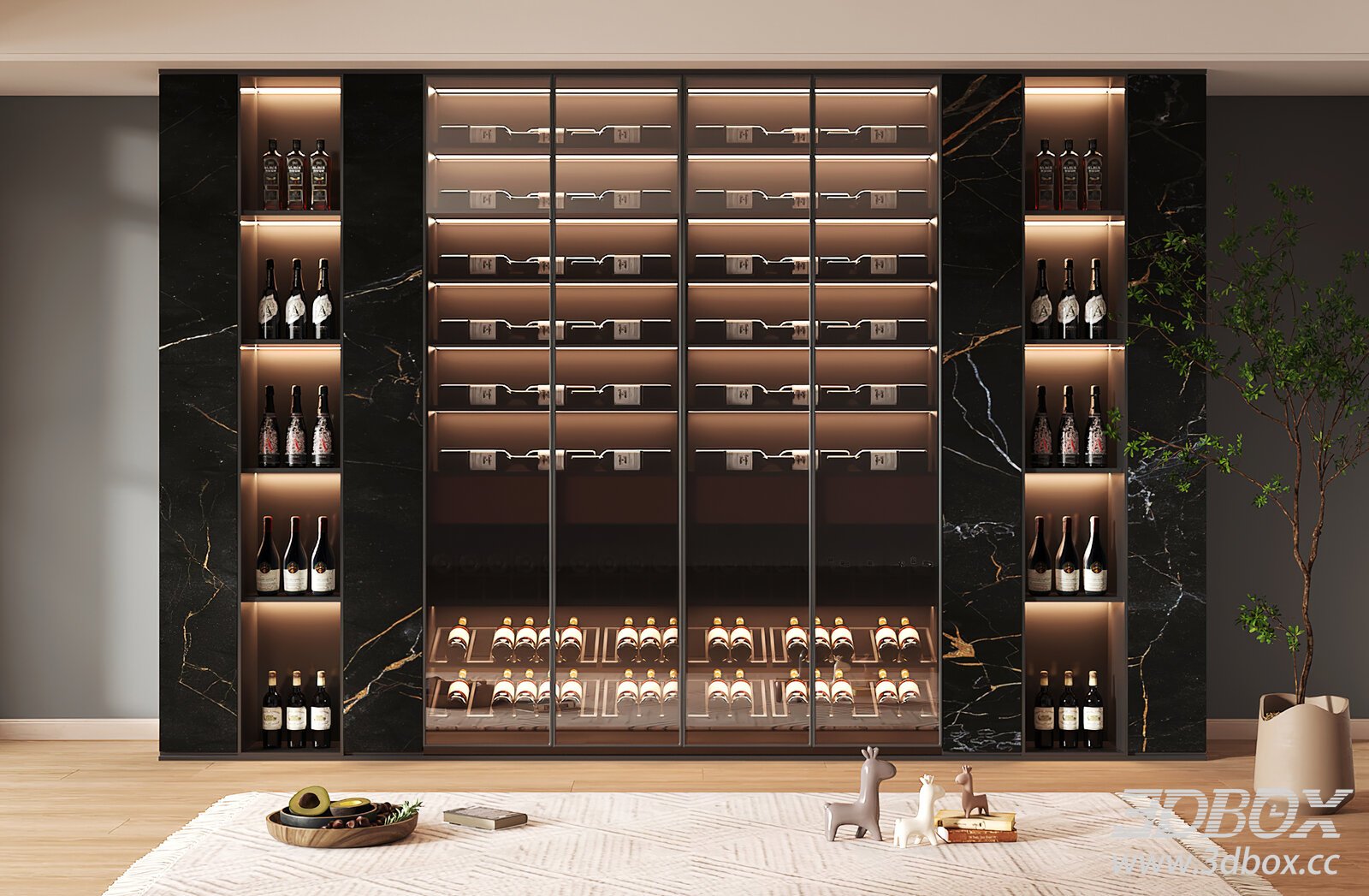 Modern Wine Cabinet with Marble Accents 3D model - thumbnail 1