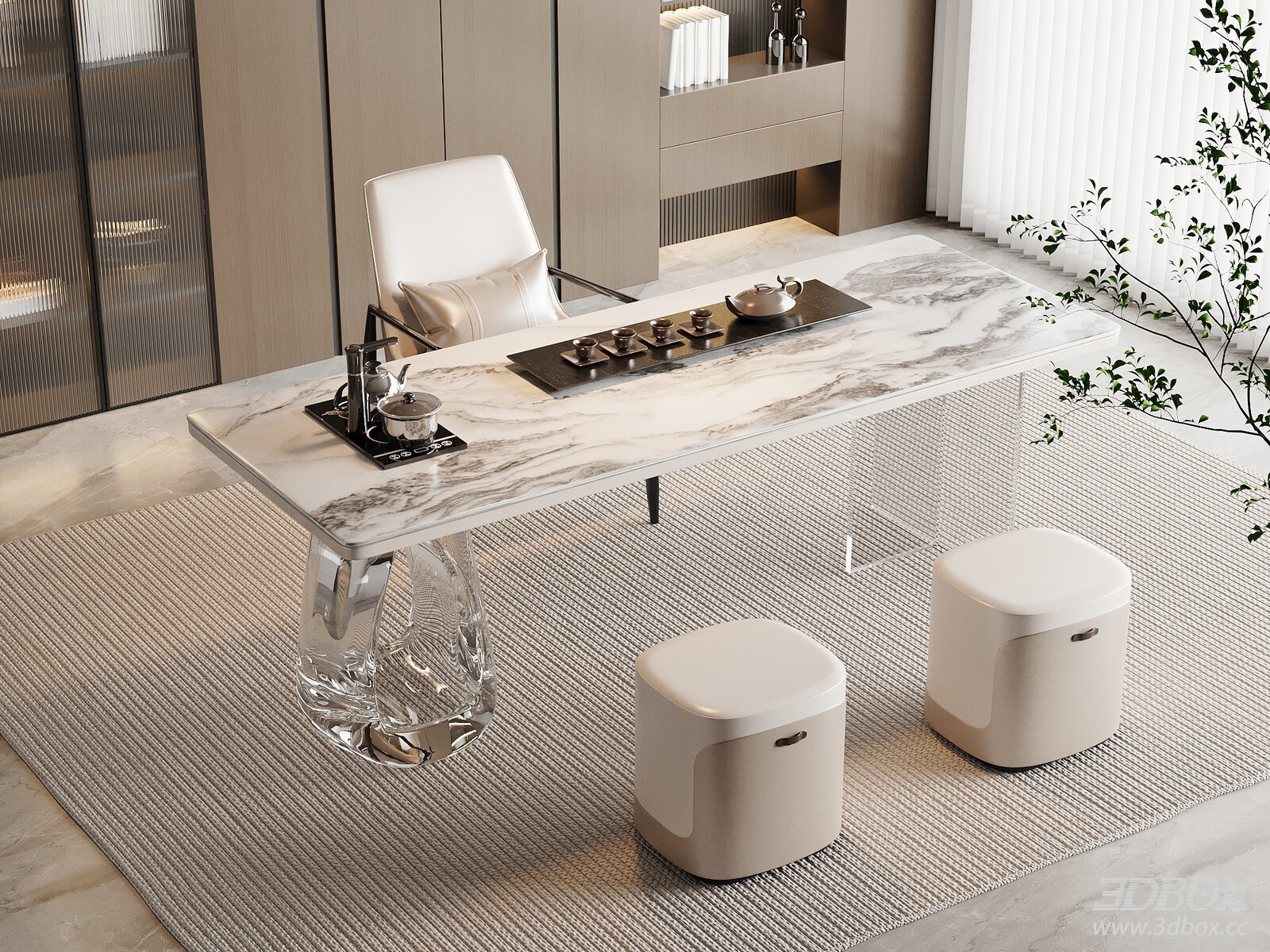 Modern Tea Table and Stools 3D model - thumbnail 1