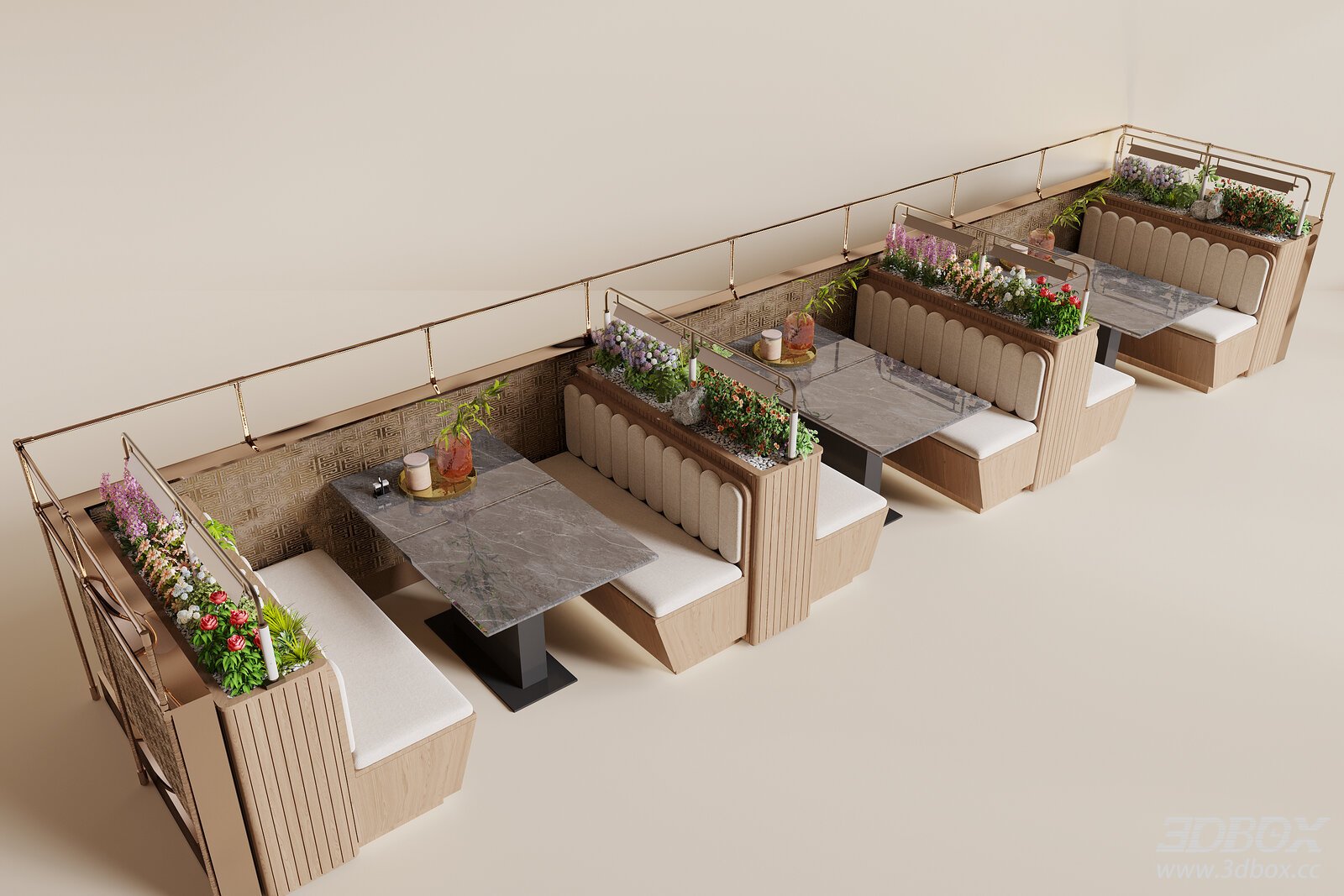 Modern Banquette Seating with Tables and Planters 3D model - front view