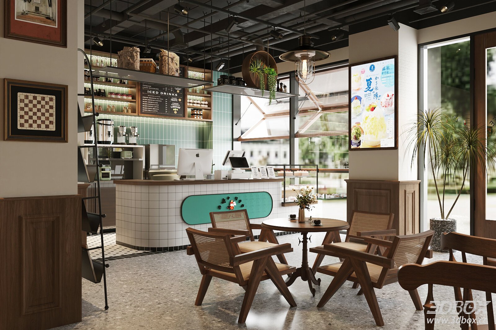 Vintage - style Coffee Shop Interior 3D model - front view