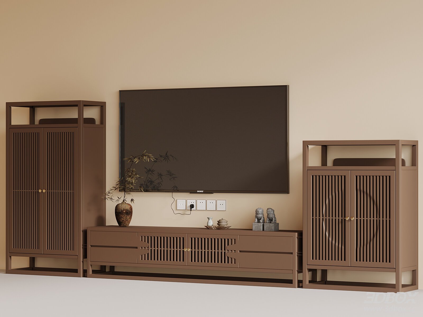 Chinese - style TV Wall Set 3D model - front view