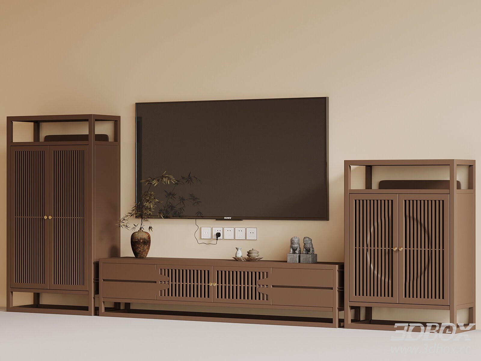 Chinese - style TV Wall Set 3D model - thumbnail 1