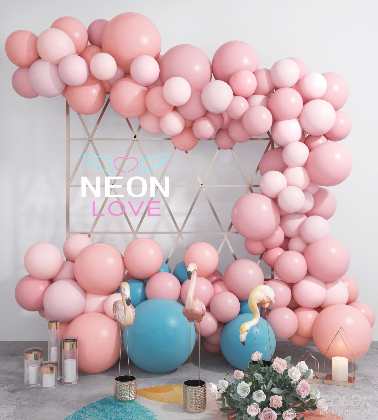 Pink Balloon Arch for Wedding Decoration 3D model - front view