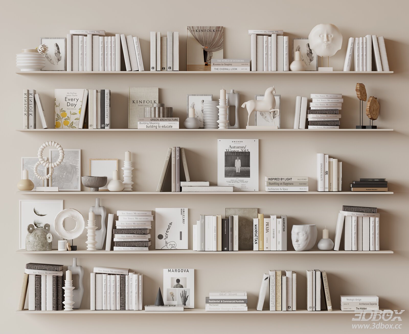Modern Decorative Ornaments and Books on Shelves 3D model - front view
