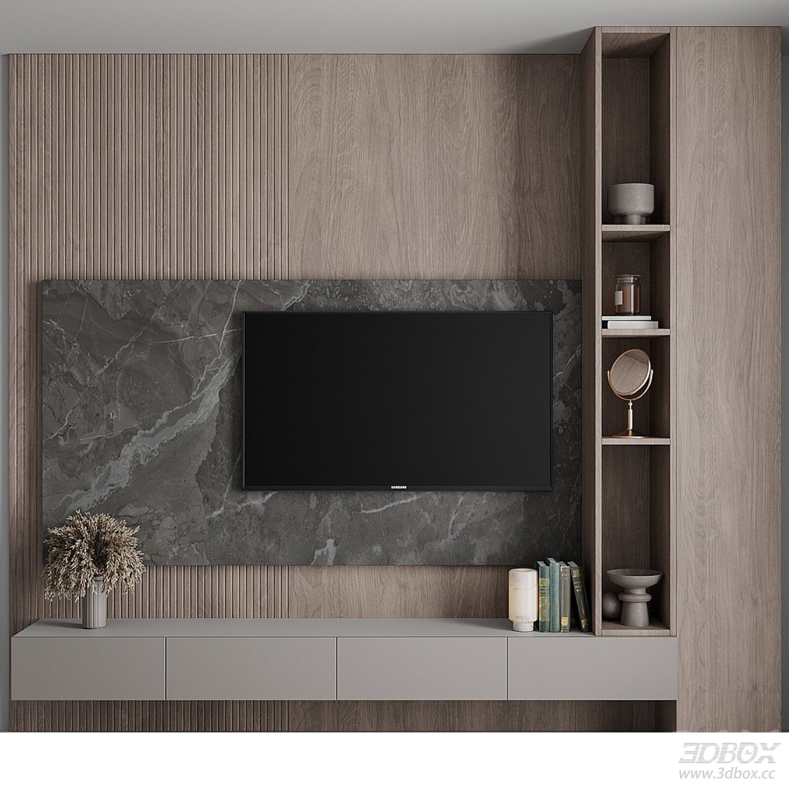 Modern TV Wall with Shelf and Cabinet 3D model - thumbnail 1