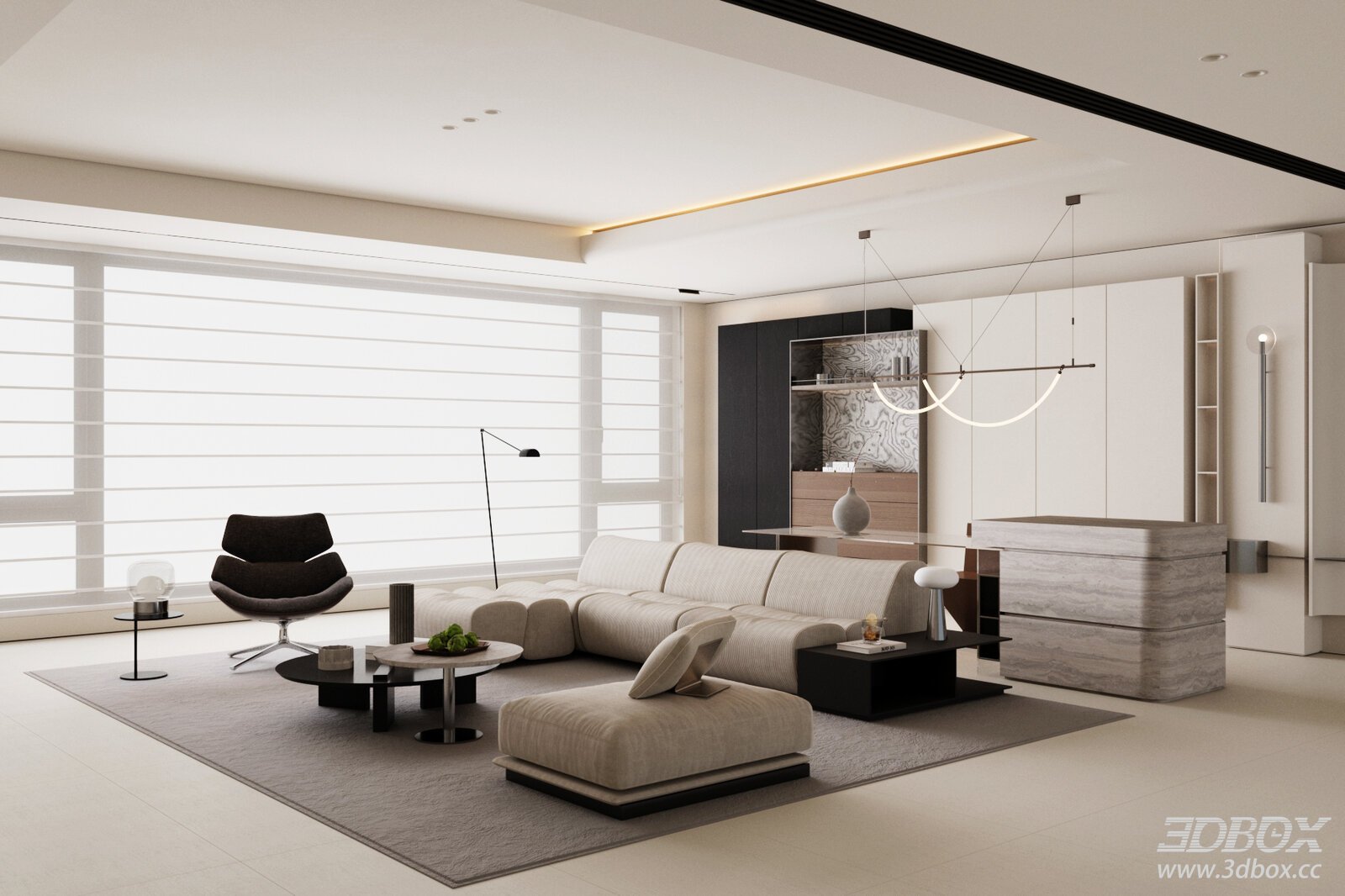 Modern Minimalist Living Room with Sofa and Cabinet 3D model - front view