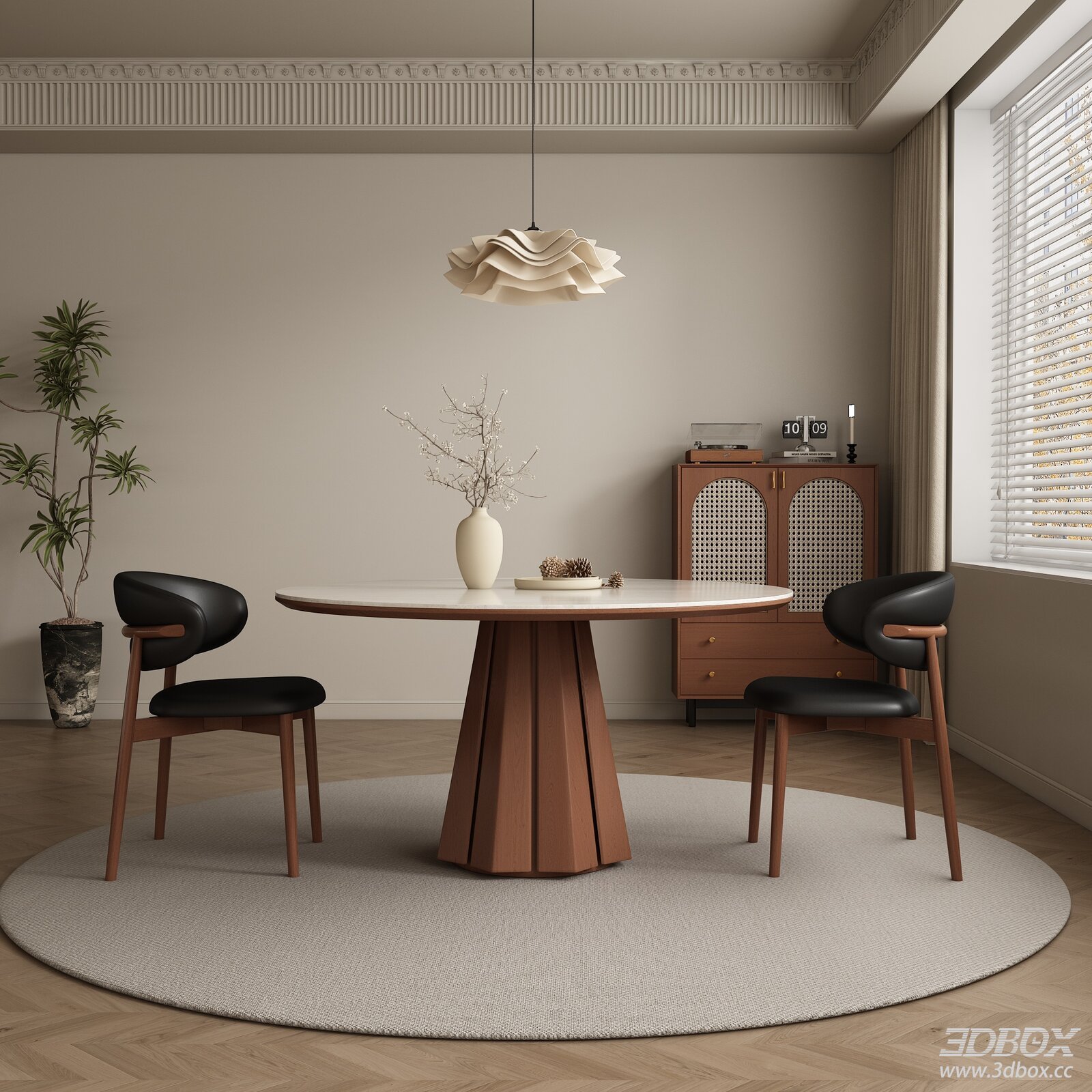 Modern Wabi - Sabi Dining Room with Table and Chairs 3D model - front view