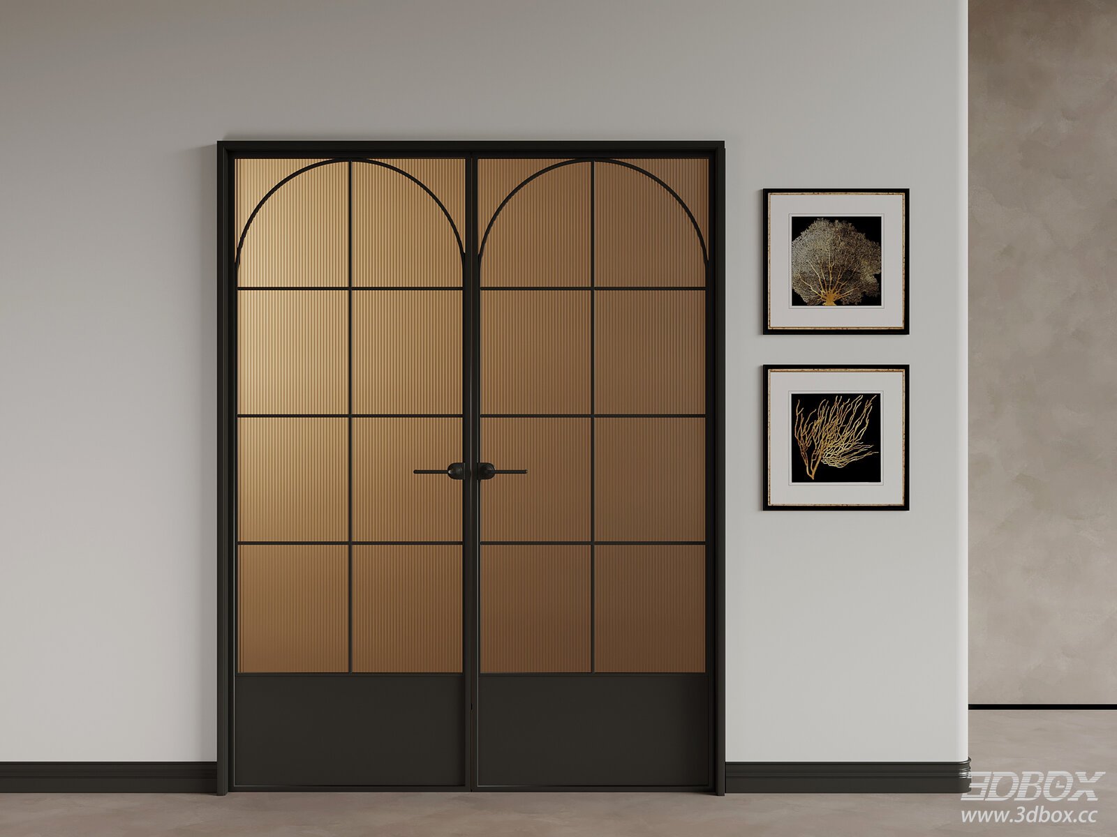 Modern Mid - Century Double Wooden Doors 3D model - front view