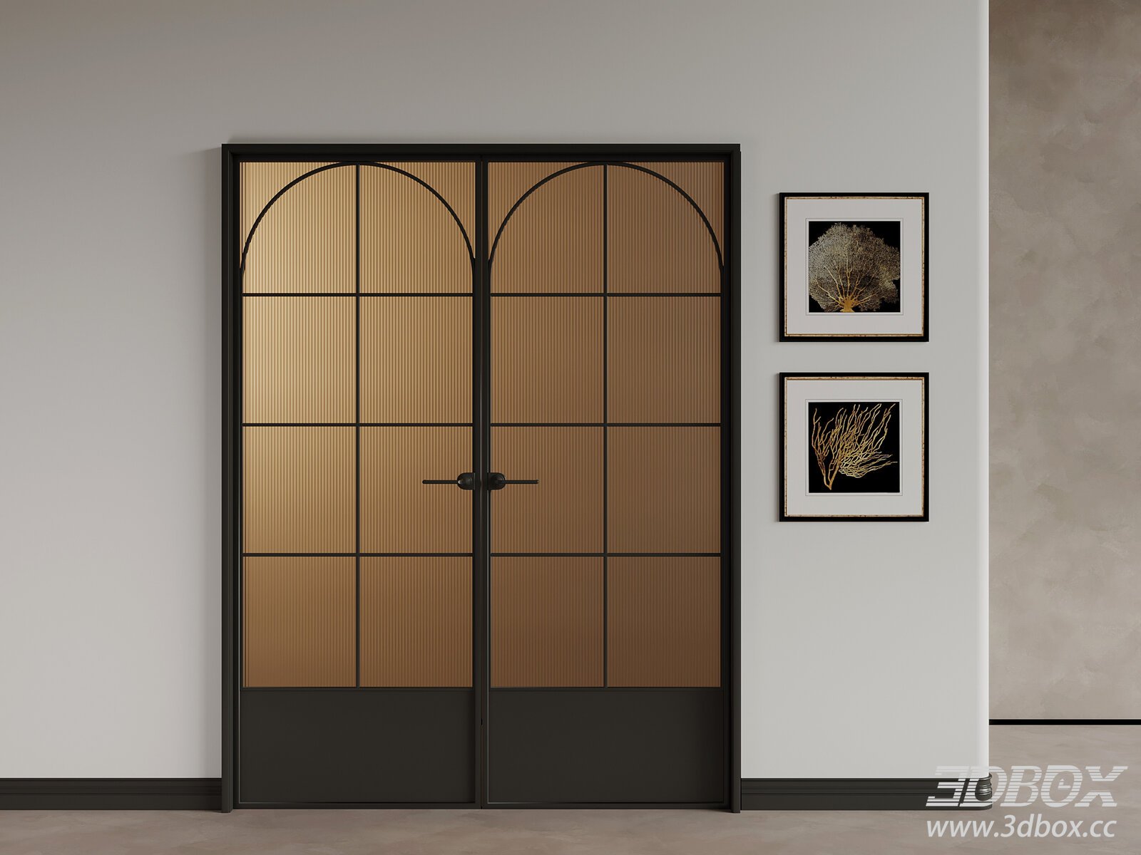 Modern Mid - Century Double Wooden Doors 3D model - thumbnail 1