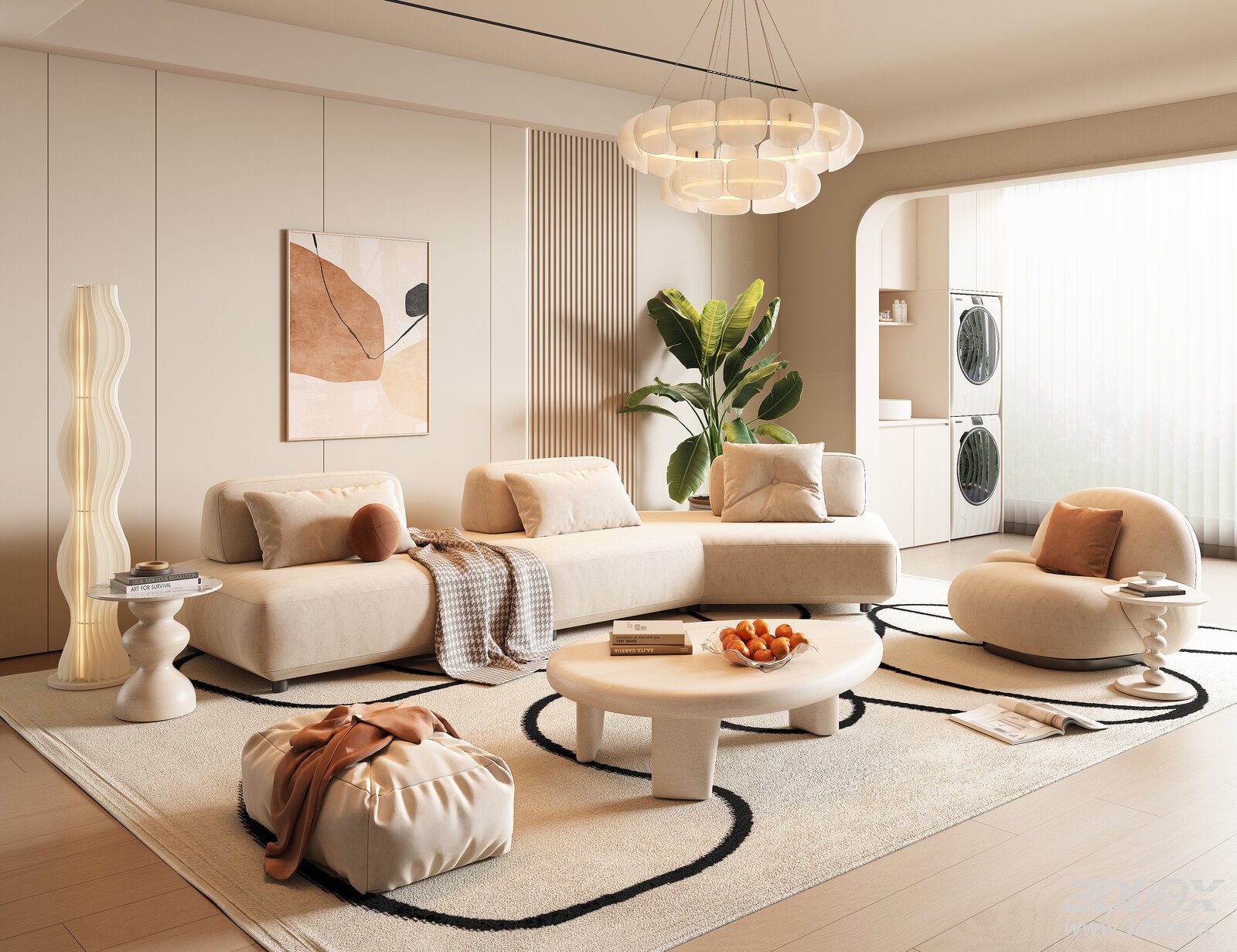 Modern Cream - style Living Room 3D model - front view