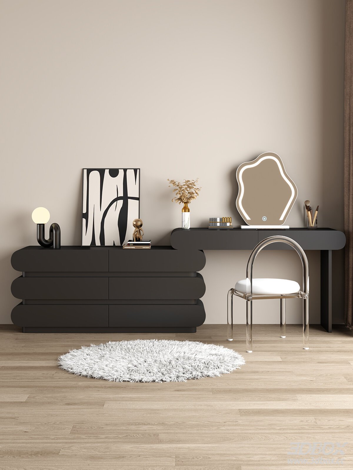 Cream - style Dressing Table and Stool Set 3D model - thumbnail 1
