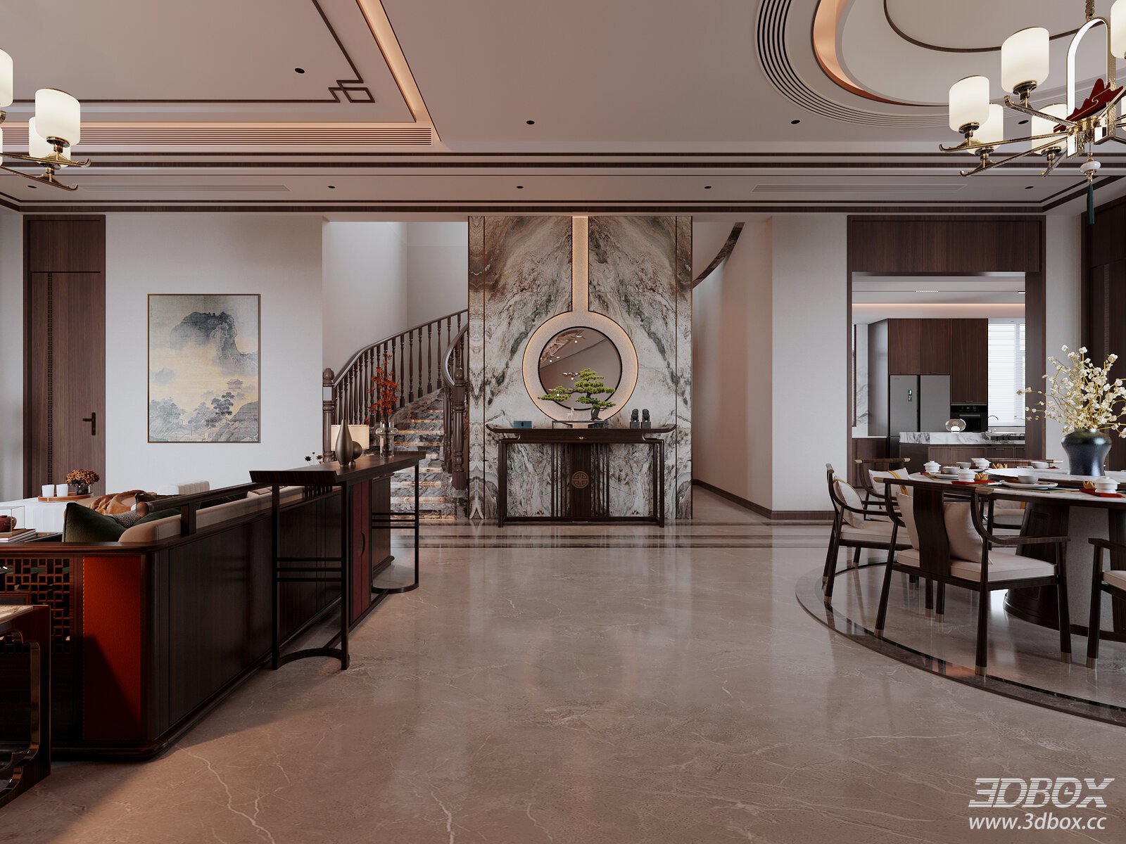 Chinese - style Villa Foyer with Sideboard and Chandelier 3D model - front view