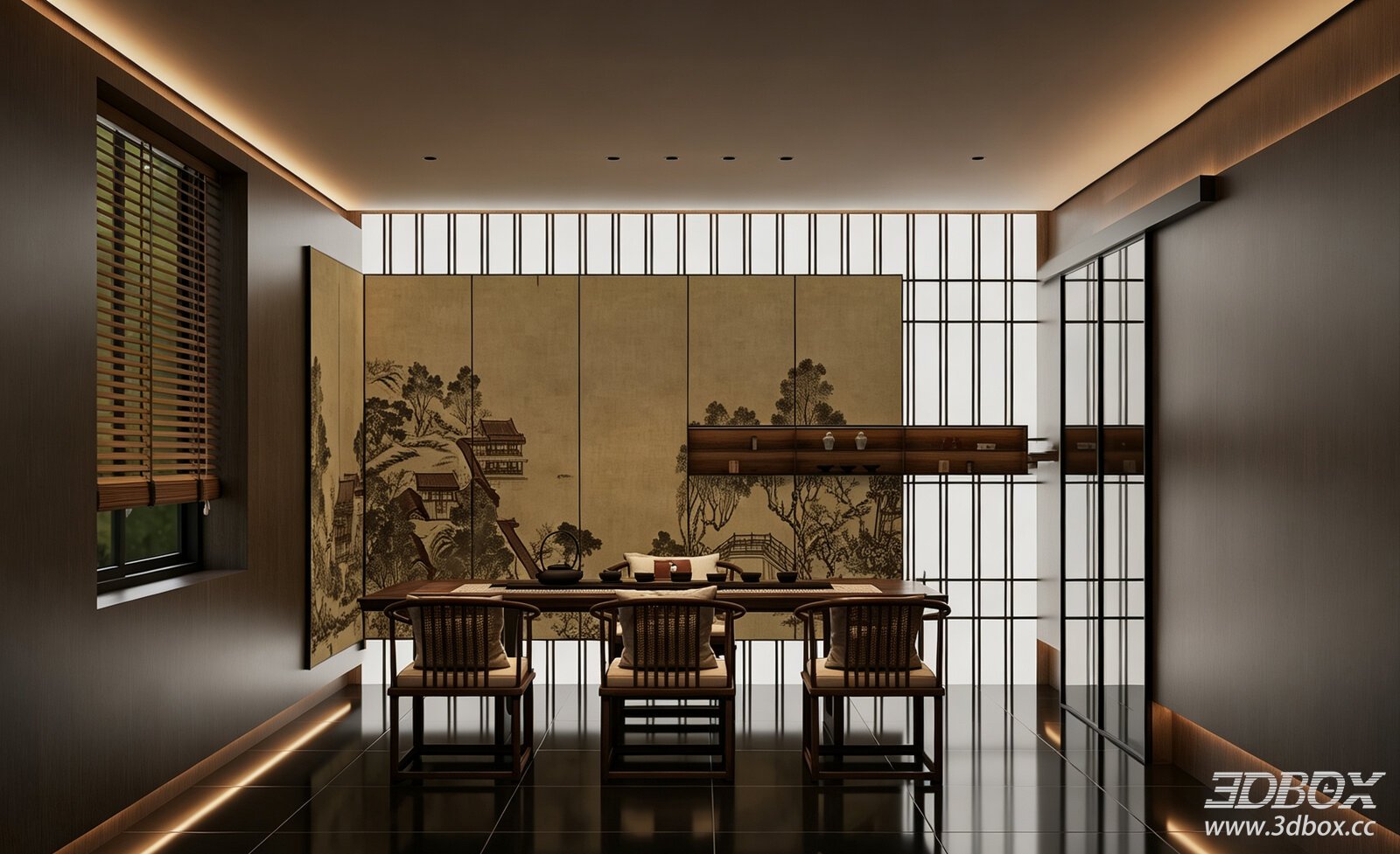 Modern - Chinese Tea Room with Metal Accents 3D model - front view