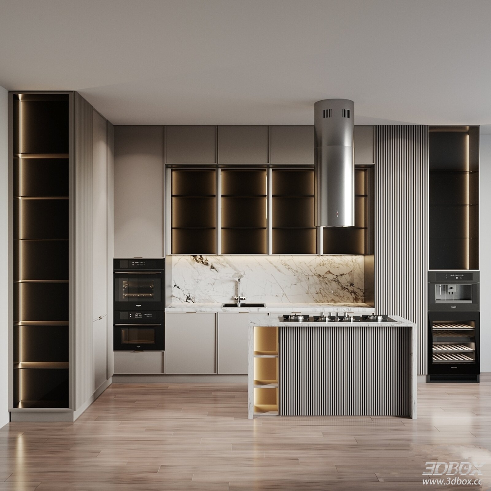 Modern Kitchen with Sleek Cabinets and Island 3D model - front view