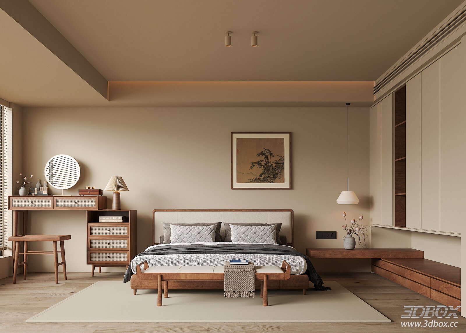 Chinese - style Bedroom with Double - bed and Nightstands 3D model - front view