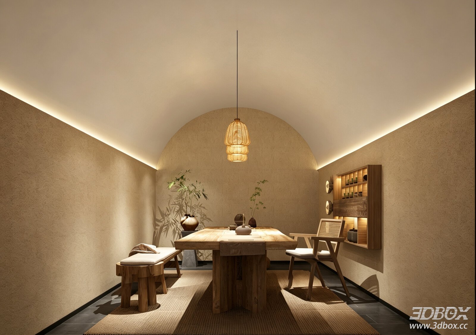 Modern - Chinese Tea Room with Wooden Furniture 3D model - front view