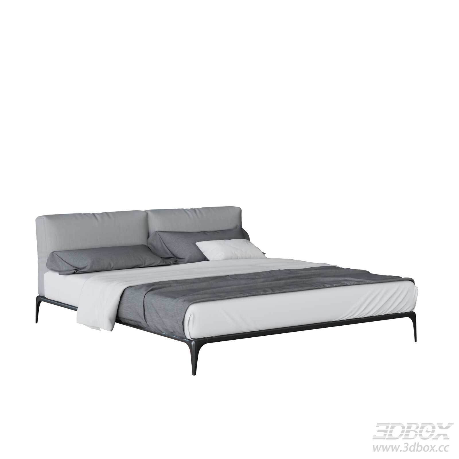 Modern Double Bed with Upholstered Headboard 3D model - thumbnail 1