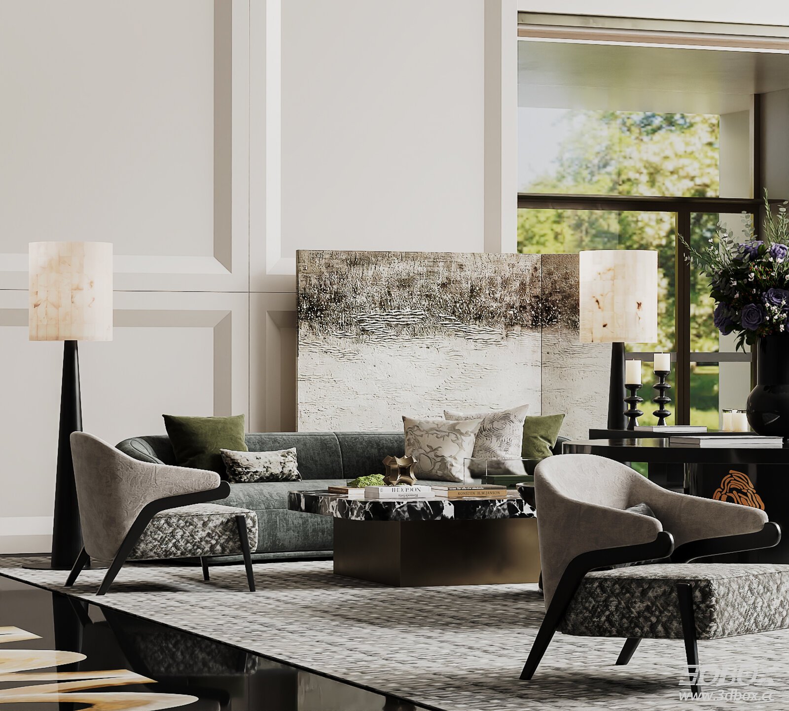 Contemporary Lounge with Sofa and Floor Lamps 3D model - front view