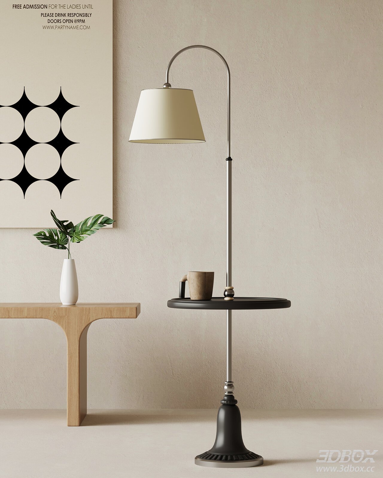 French Retro Floor Lamp with Table 3D model - front view