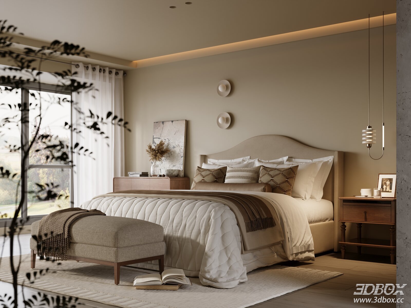 Contemporary Bedroom with Elegant Bedding 3D model - thumbnail 1
