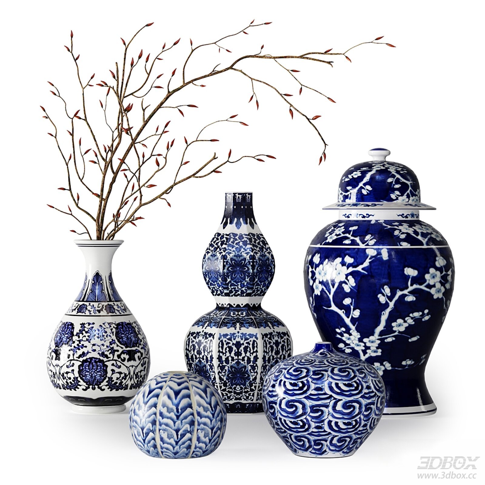 Blue - and - white Porcelain Vase Set 3D model - thumbnail 1