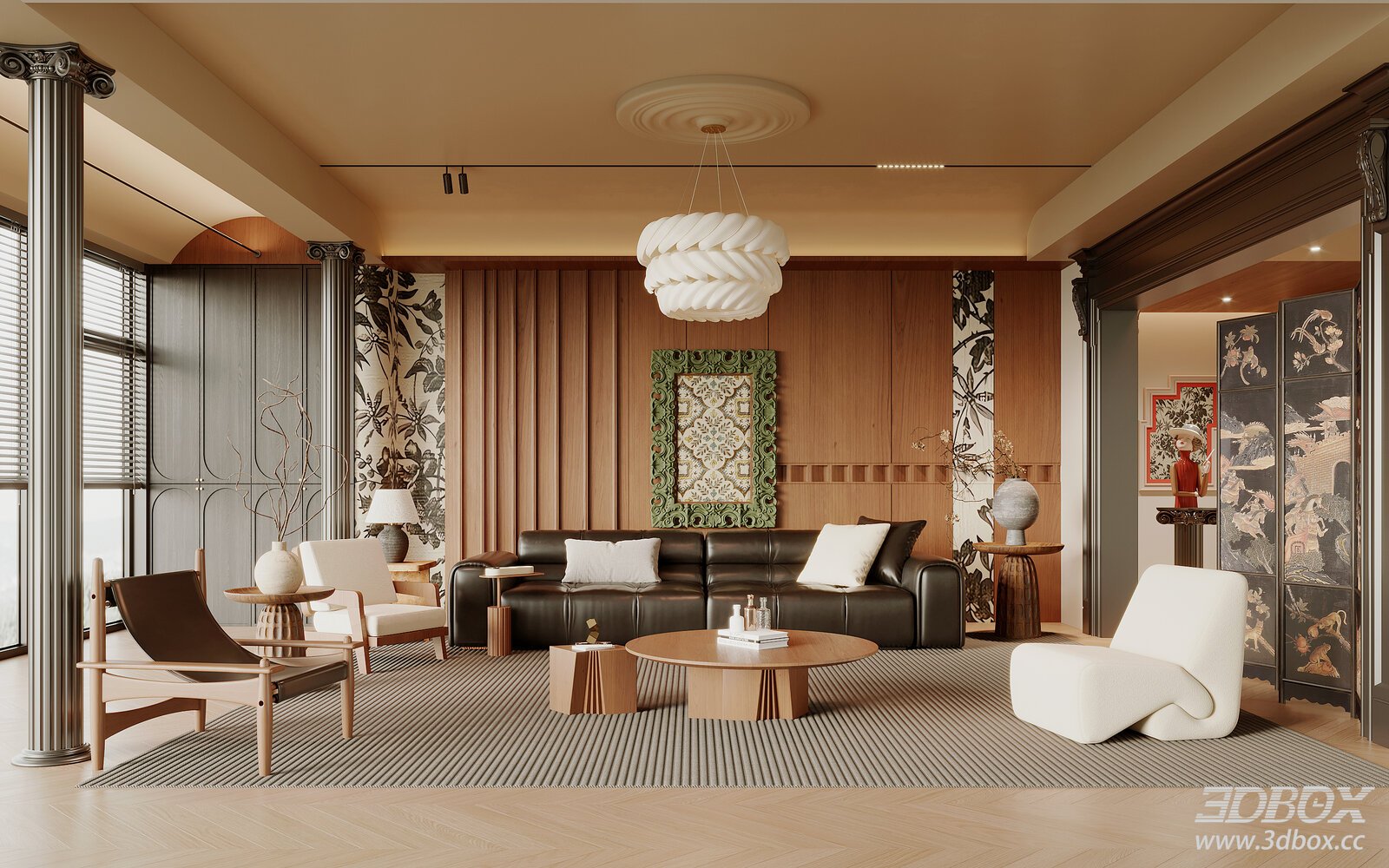 French - Chinese Vintage Living Room 3D model - front view