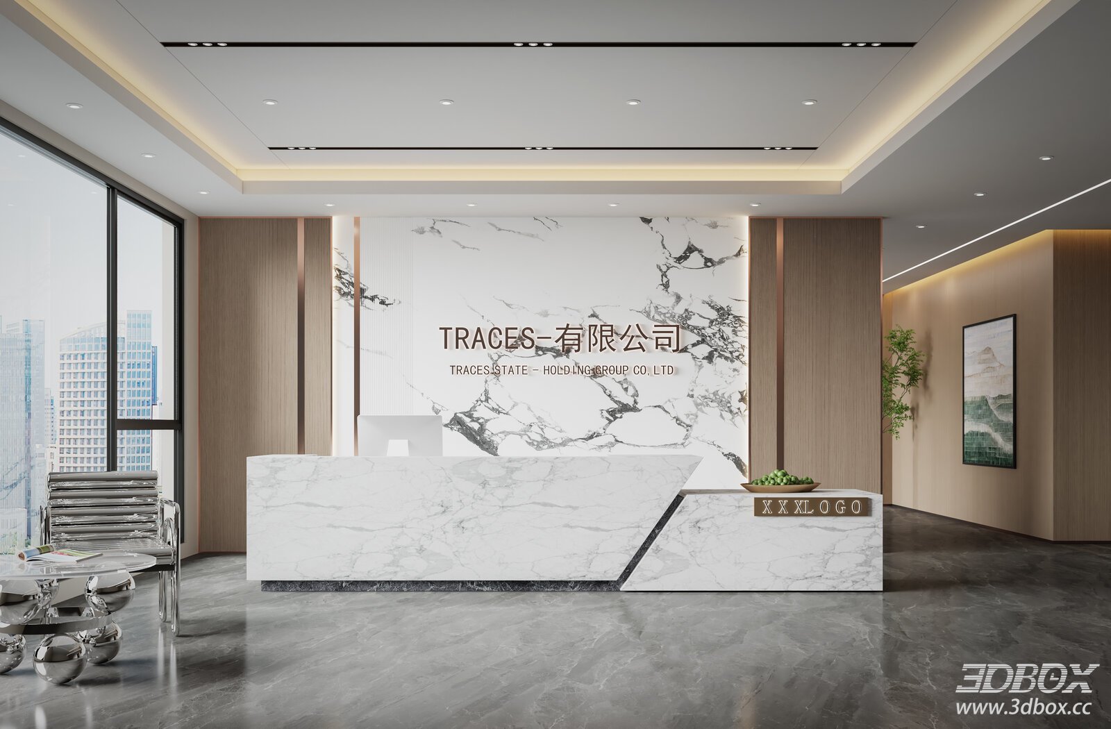 Modern Reception Area with Marble Counter 3D model - front view