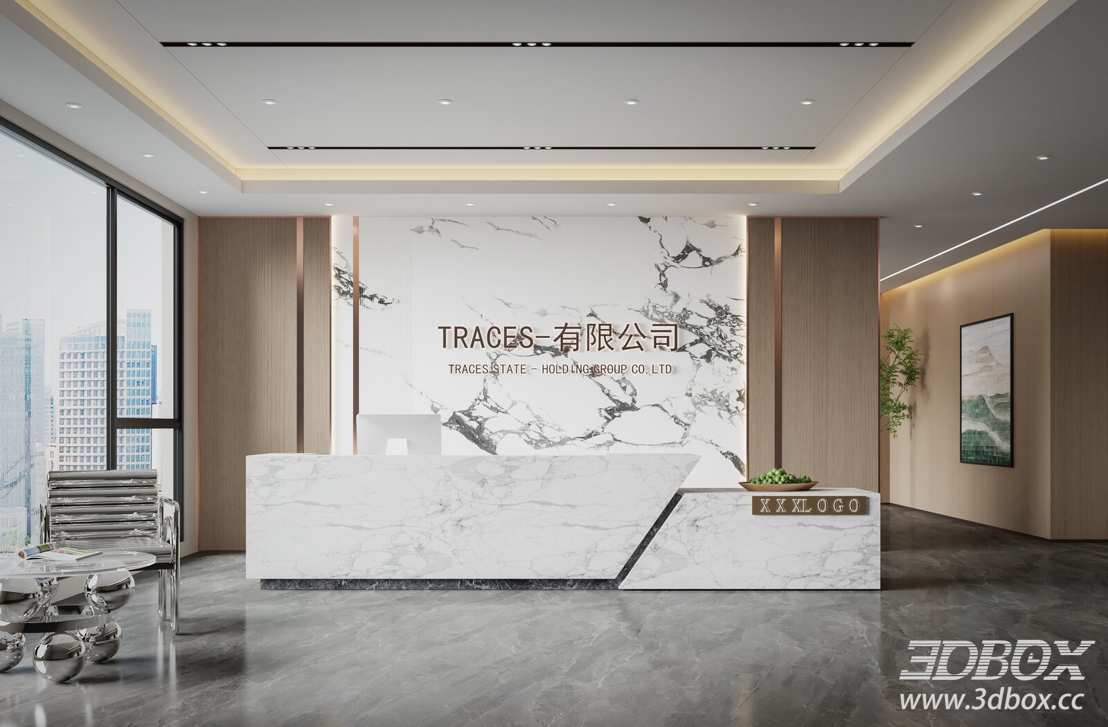 Modern Reception Area with Marble Counter 3D model - thumbnail 1