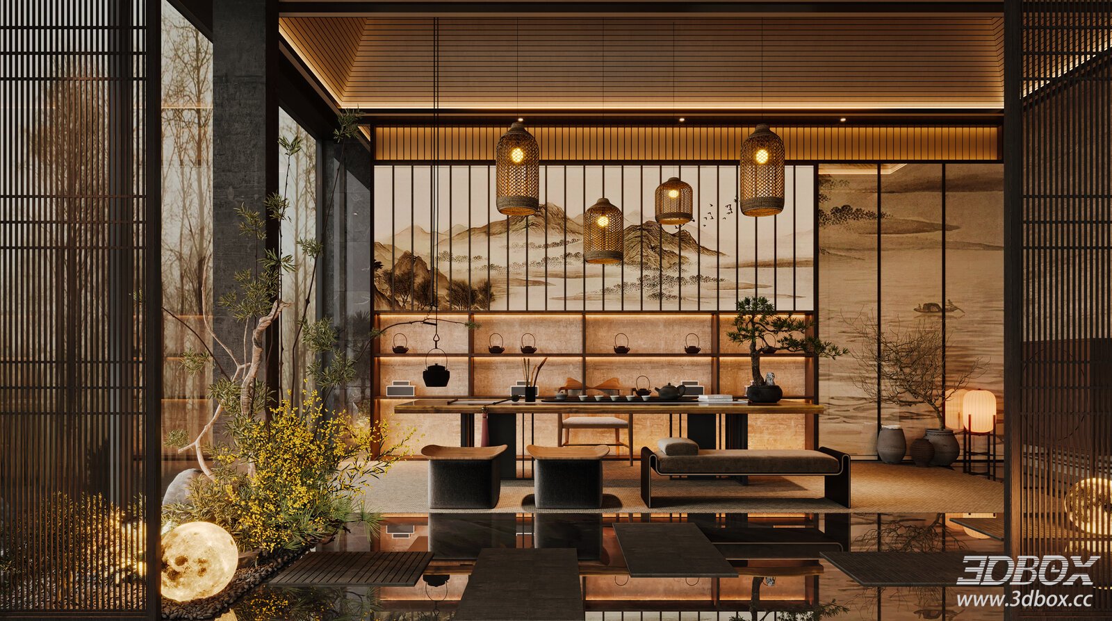 Chinese - style Tea Room with Lanterns 3D model - front view