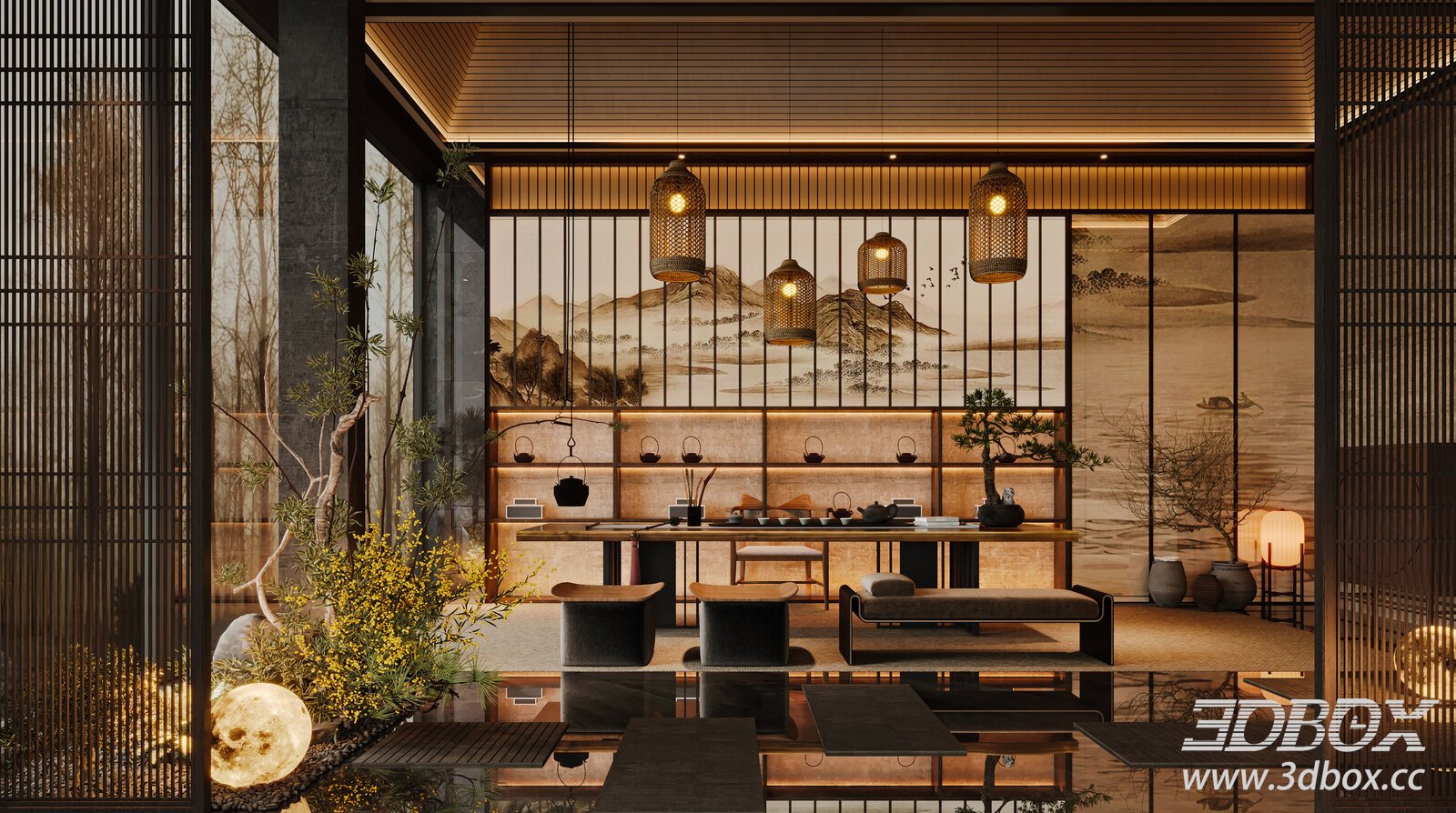 Chinese - style Tea Room with Lanterns 3D model - thumbnail 1