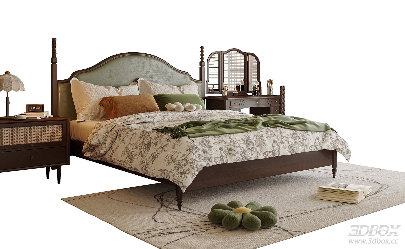 American - style Double Bed, Dressing Table and Carpet in Bedroom 3D model - front view