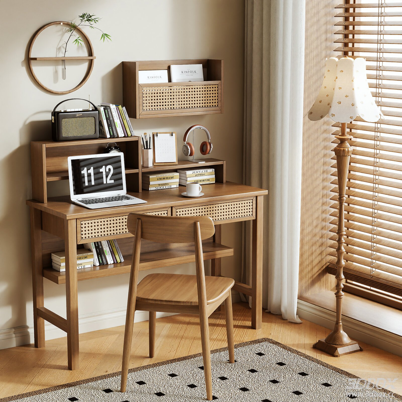 Natural - style Desk and Chair Set with Decorations 3D model - front view