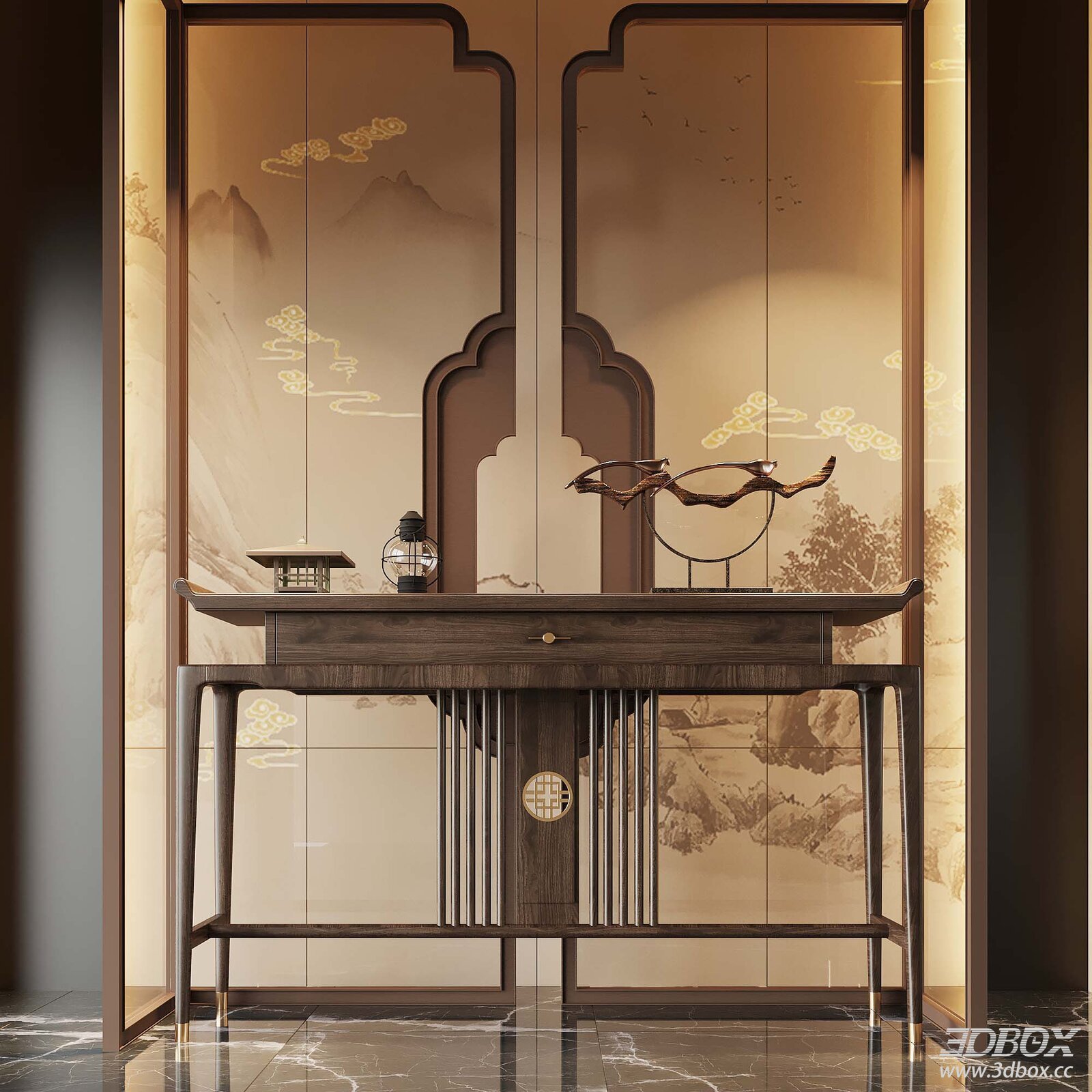 Chinese - style Console Table with Decorative Details 3D model - front view