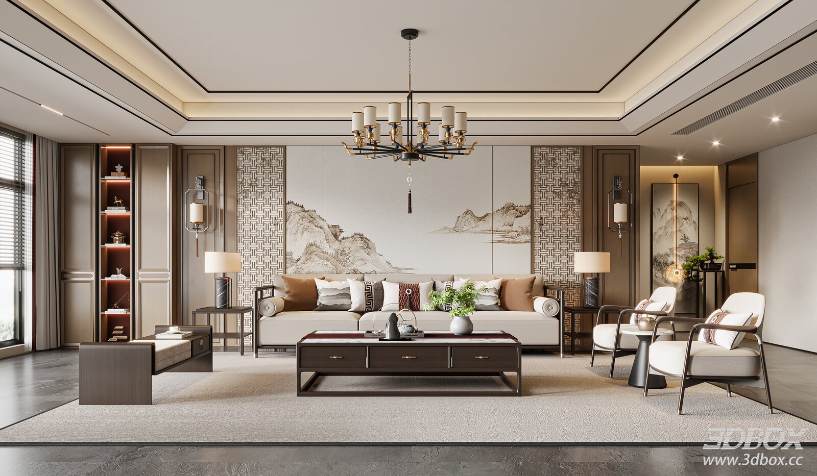 Chinese - style Living Room with Elegant Decor 3D model - front view