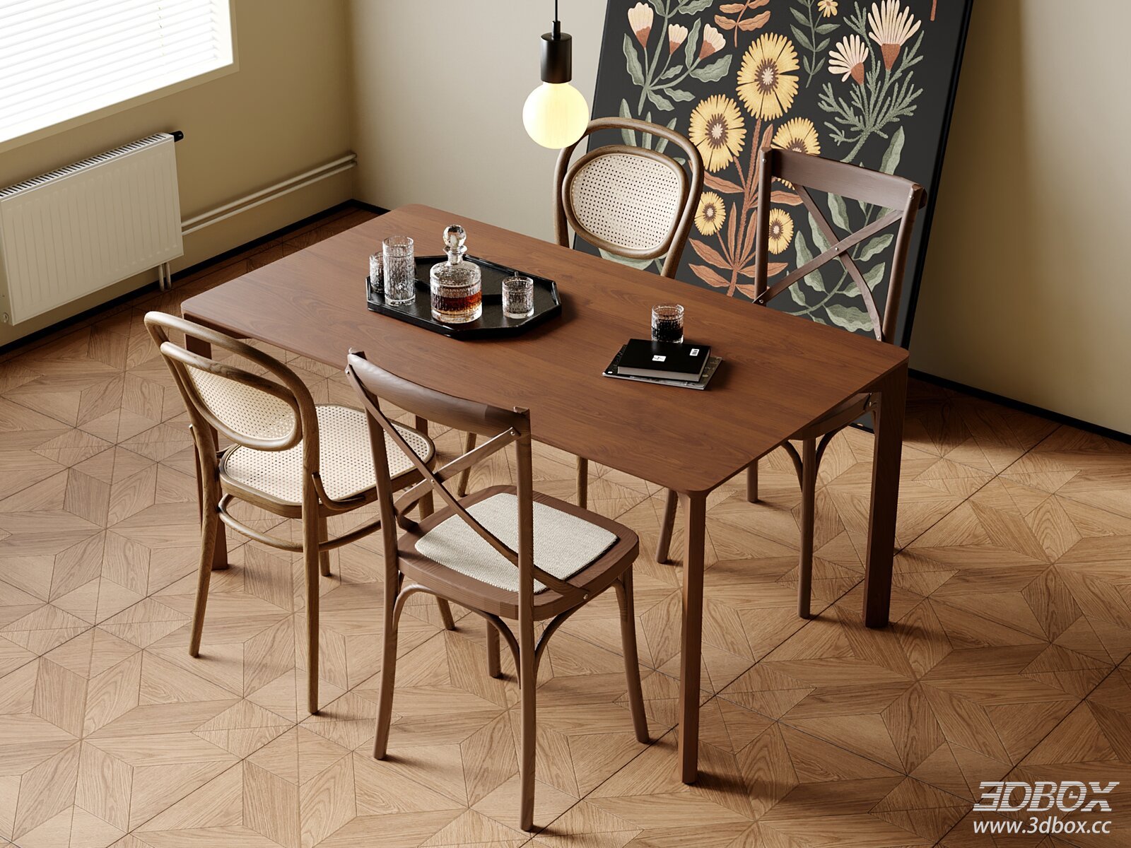 Vintage - style Dining Table and Chairs 3D model - front view