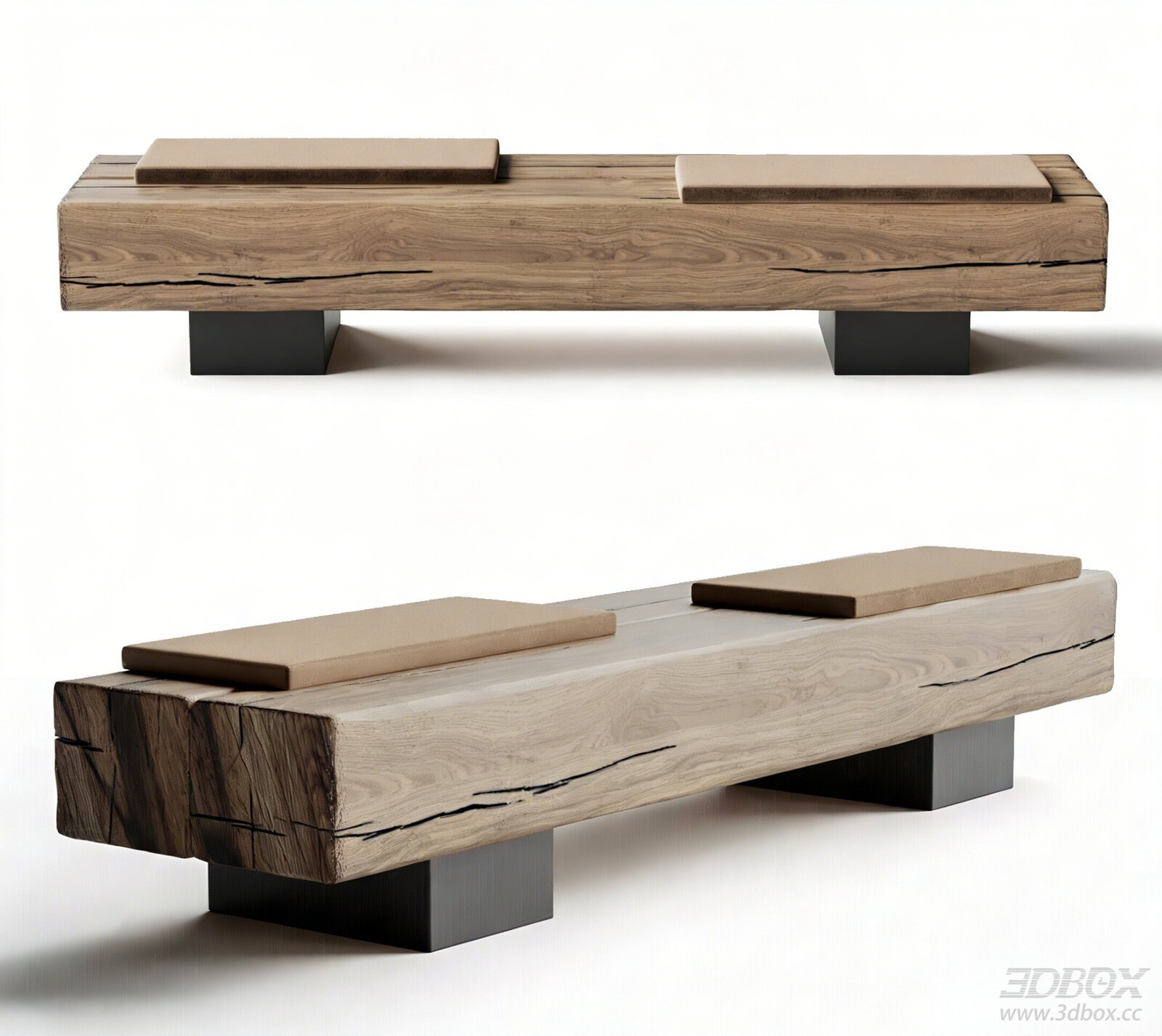 Vintage - style Log Bench with Cushions 3D model - front view