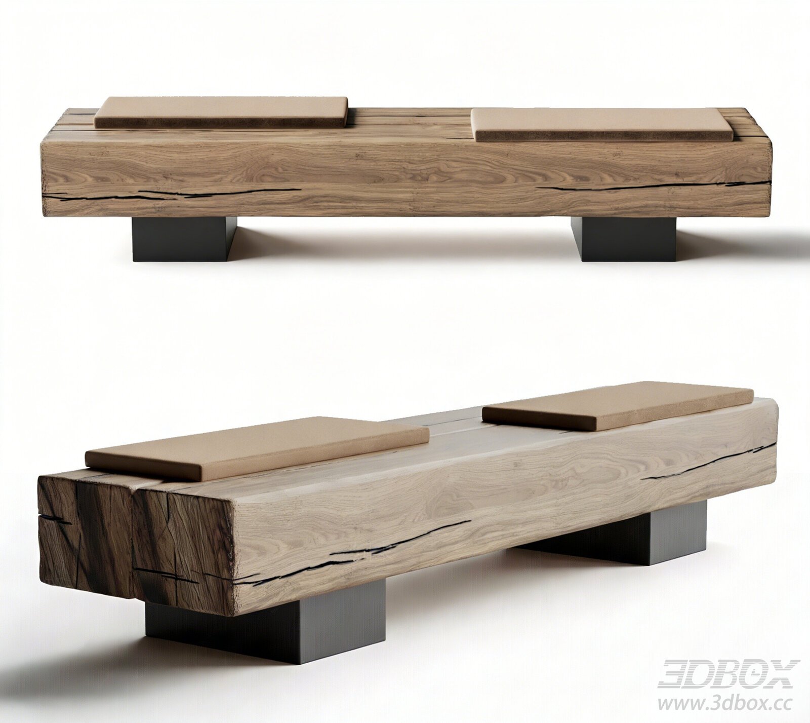 Vintage - style Log Bench with Cushions 3D model - thumbnail 1