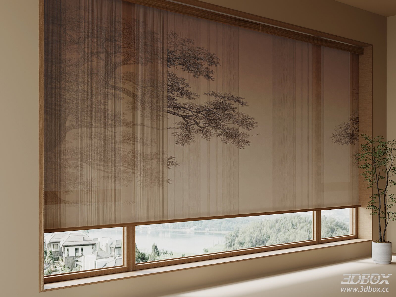 Chinese - style Curtain for Window 3D model - front view