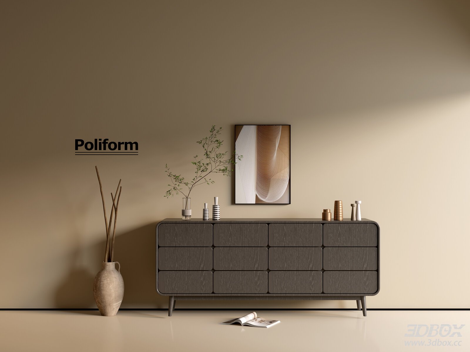 Modern Minimalist Sideboard with Dark Wood Grain 3D model - front view
