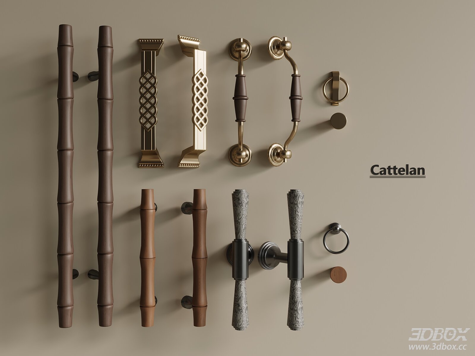 Vintage French Door Handles 3D model - front view