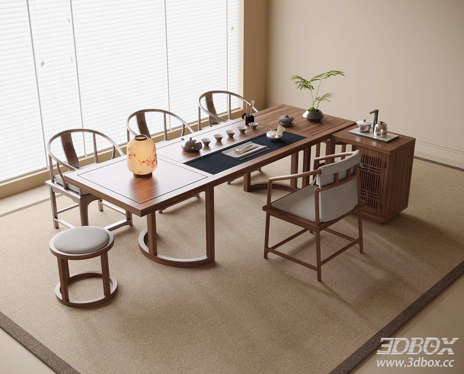 Modern Chinese - style Tea Table and Chairs 3D model - thumbnail 1
