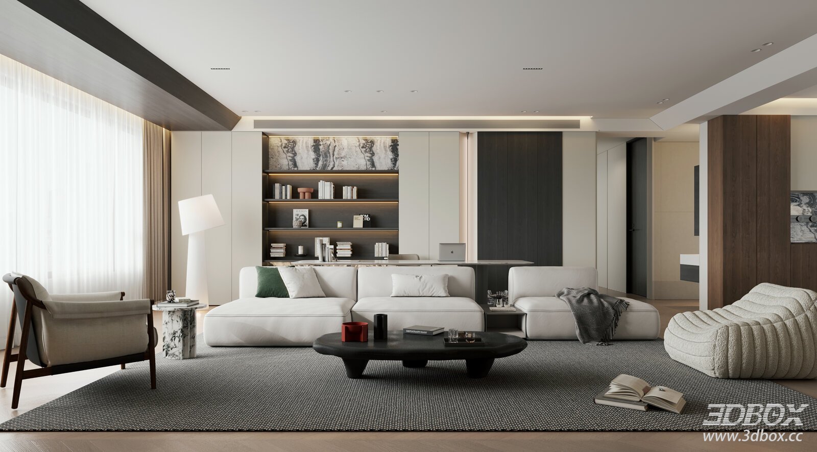 Modern Black - White Minimalist Living - Dining Room 3D model - front view
