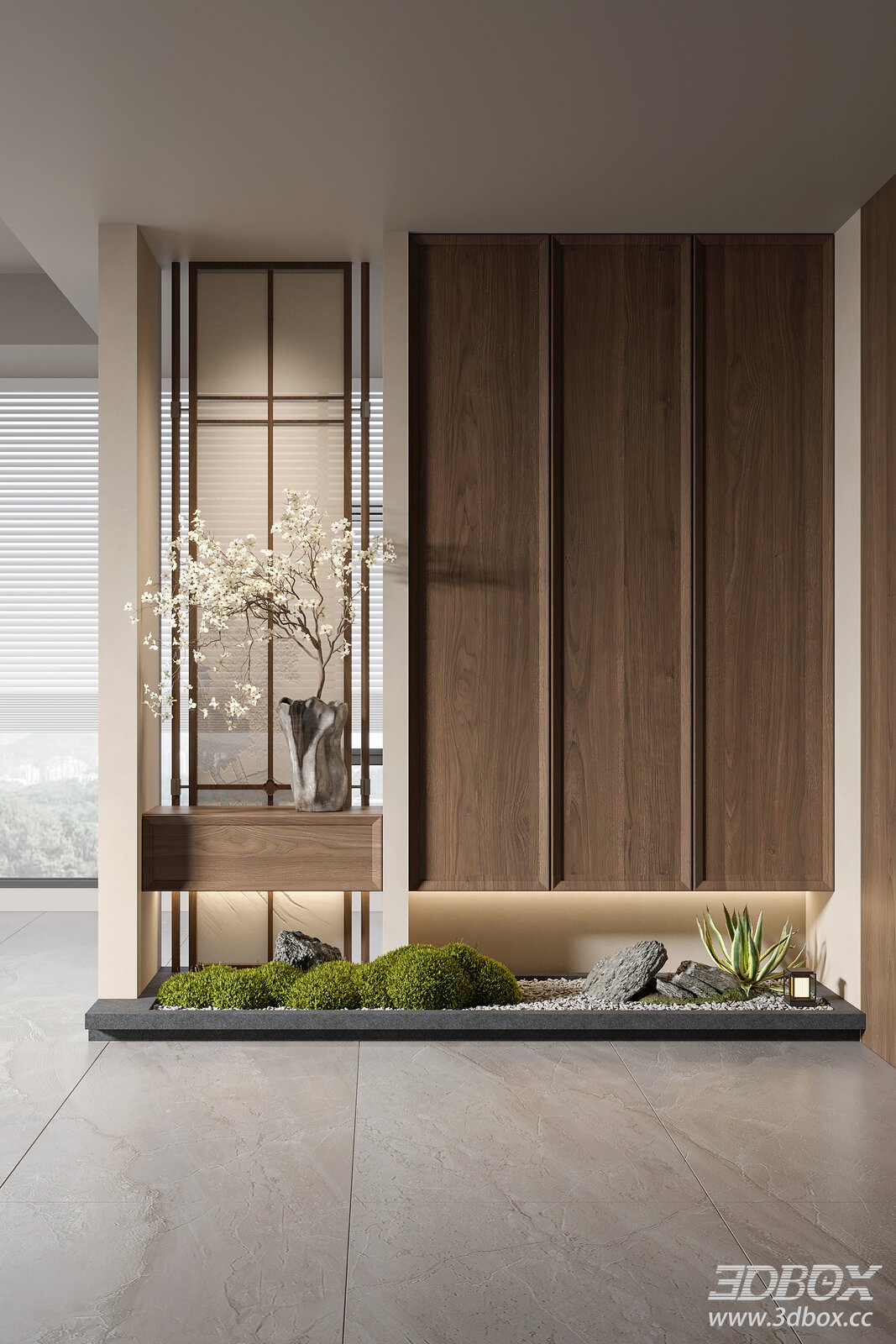 Song - style Entryway with Cabinet and Vase 3D model - front view