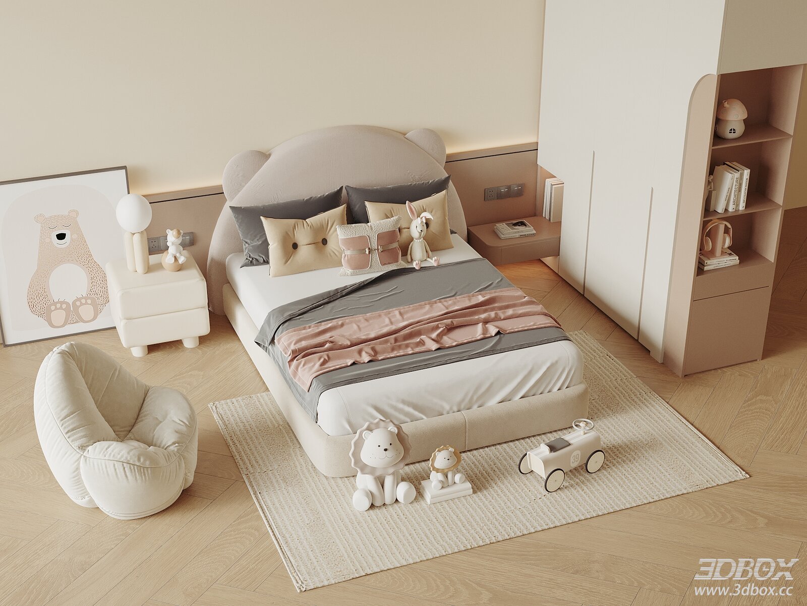 Modern Girls' Bedroom with Soft Furnishings 3D model - thumbnail 1