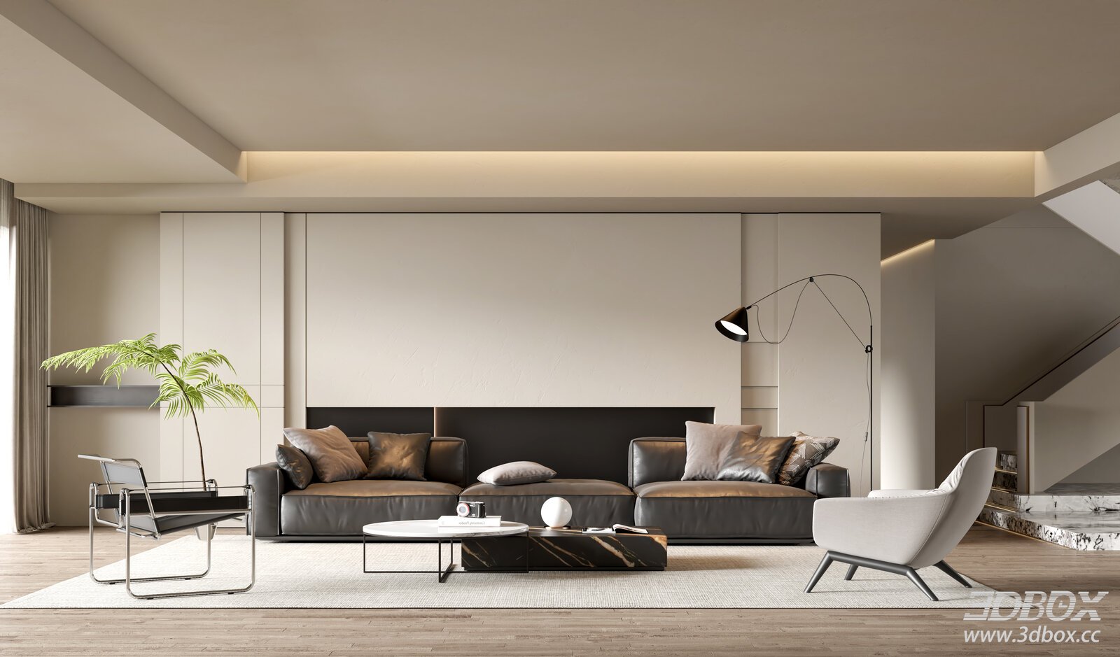 Modern Living Room with Leather Sofa 3D model - front view