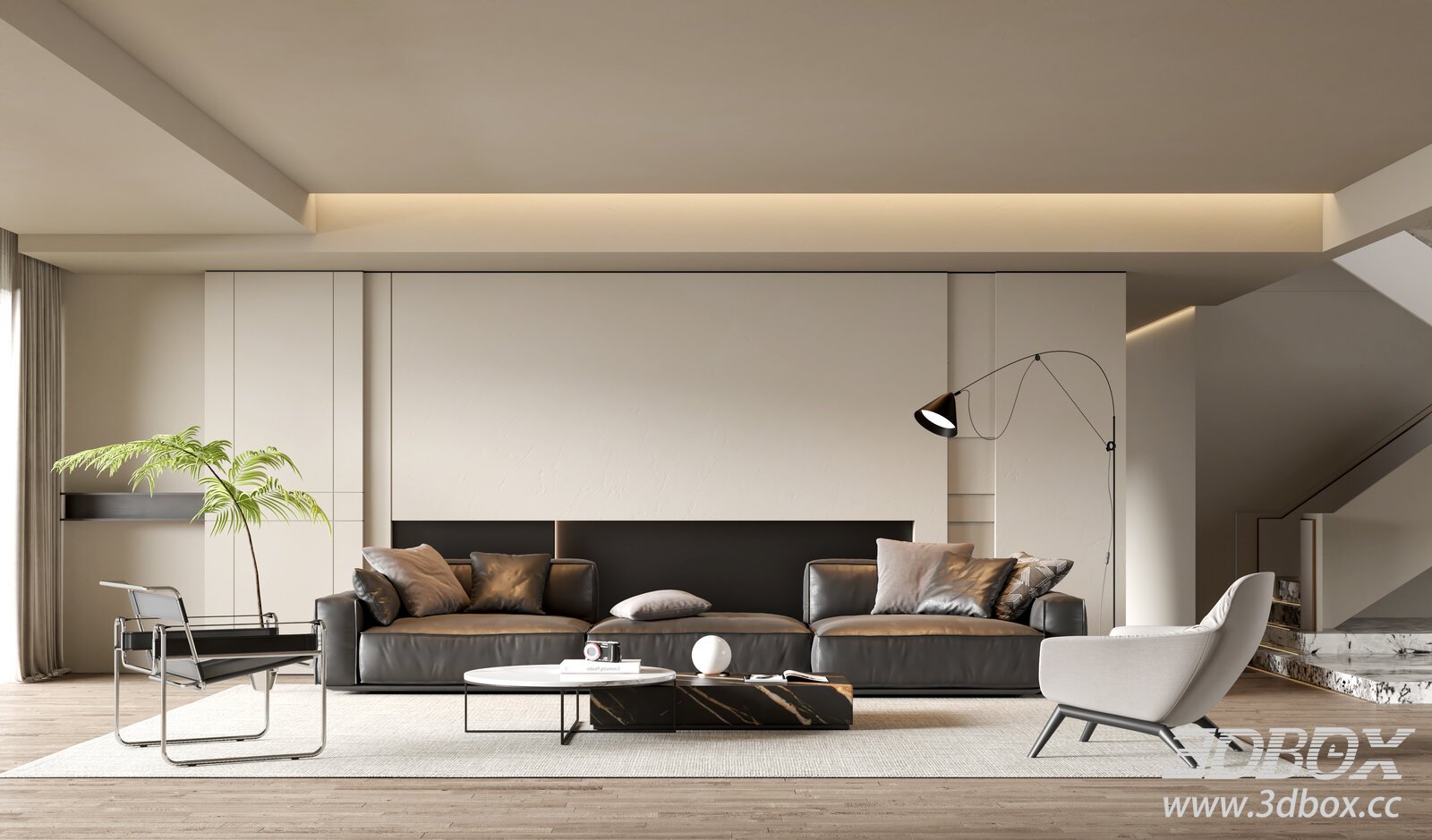 Modern Living Room with Leather Sofa 3D model - thumbnail 1