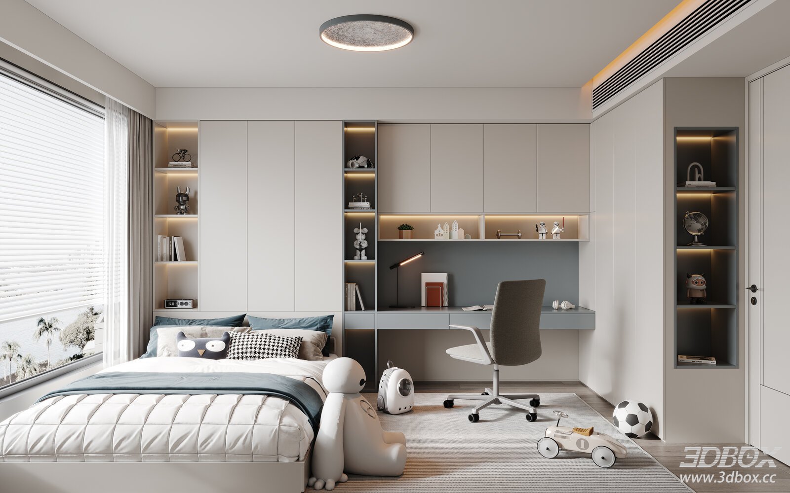Modern Boys' Bedroom with Tatami Design 3D model - front view